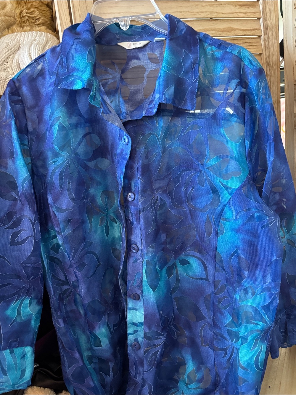 Sheer Blue Floral Button-Up Shirt Large